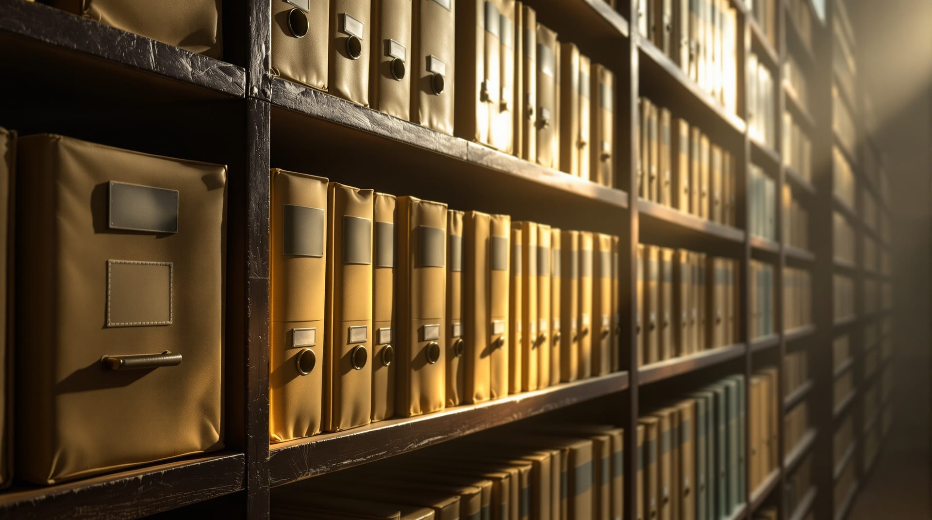 Shelves of archive boxes and bound volumes in warm raking light