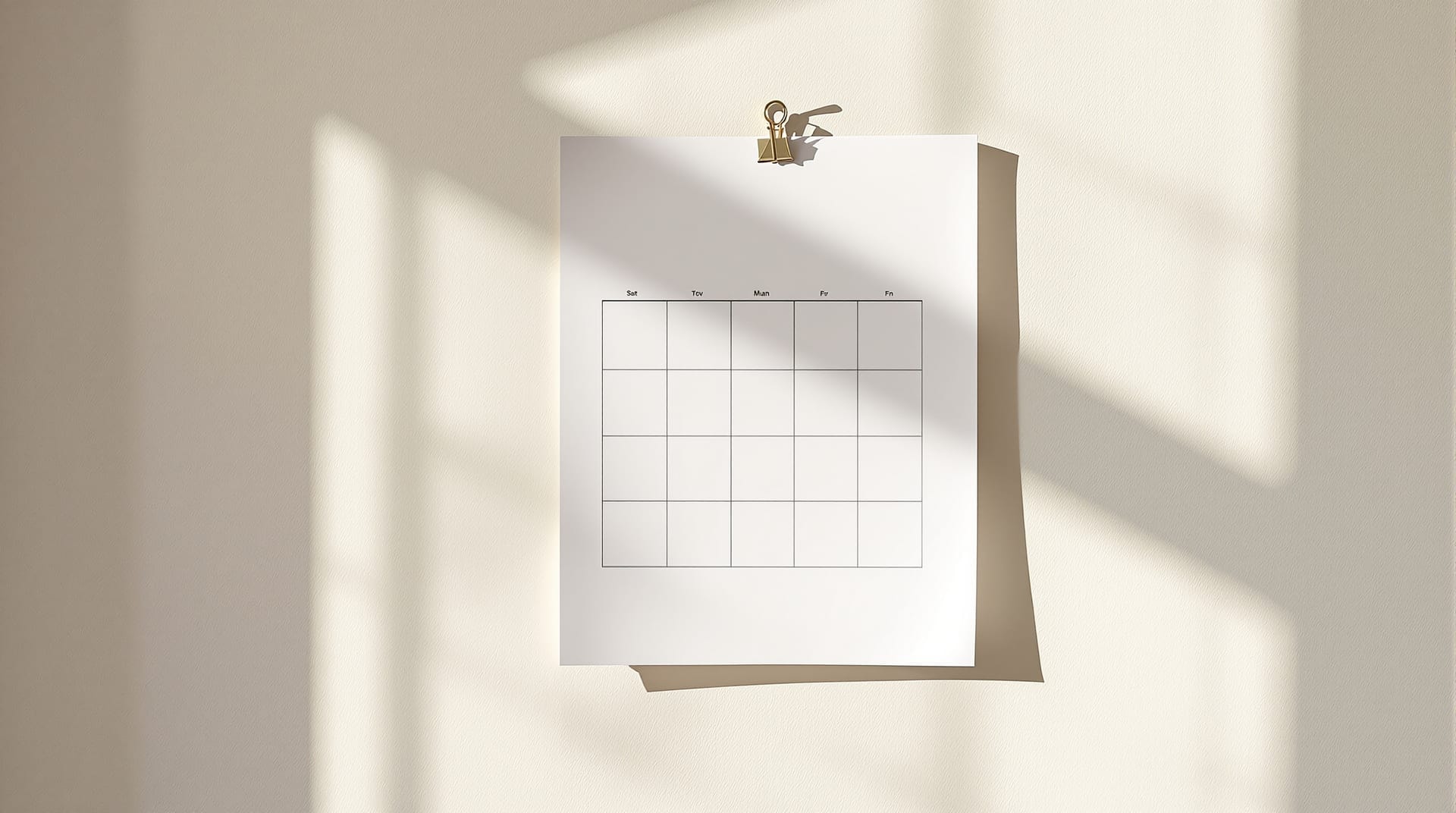 Plain unmarked calendar grid on a pale wall in soft afternoon light