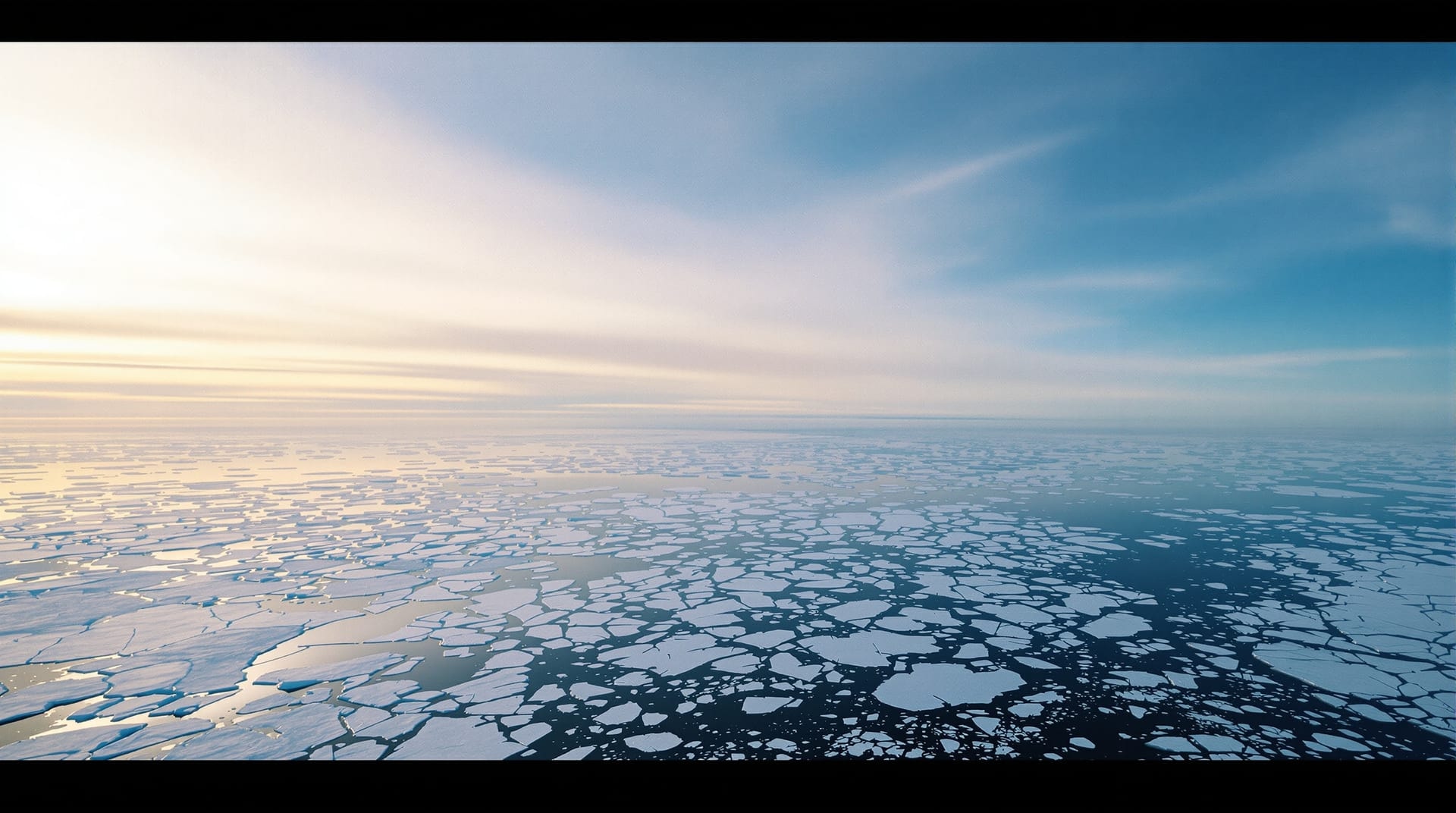 Empty Arctic sky and broken sea ice under a low sun
