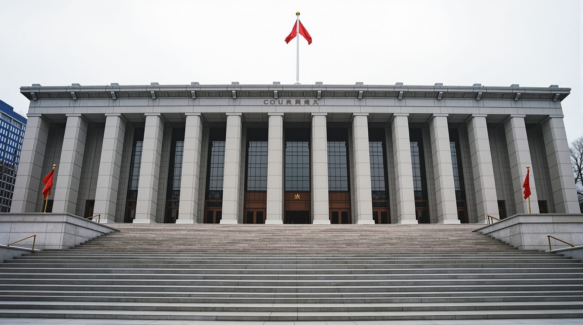 Steps and colonnade of a large municipal courthouse under an overcast sky