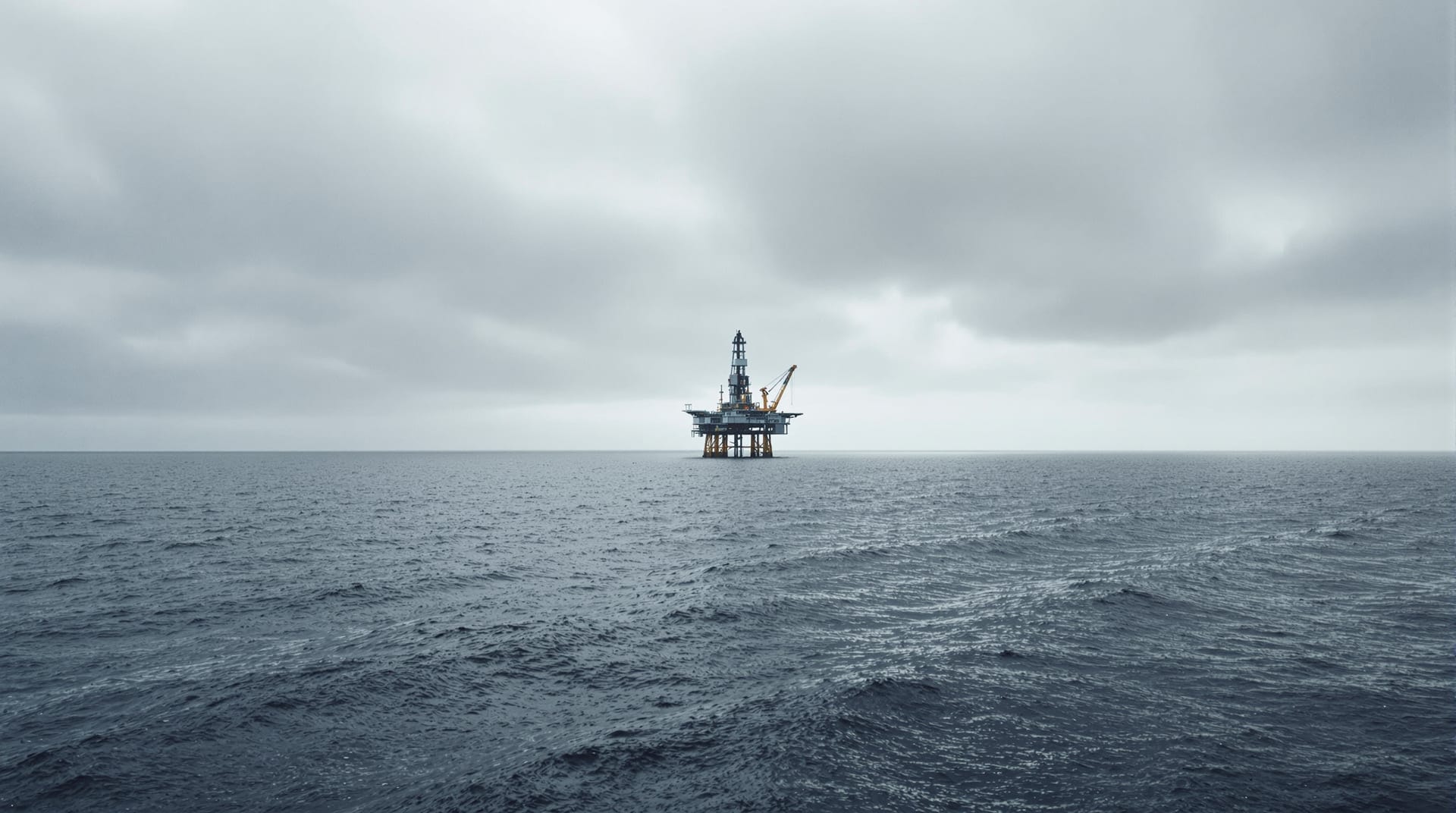 Distant offshore platform silhouette on a grey sea under heavy cloud
