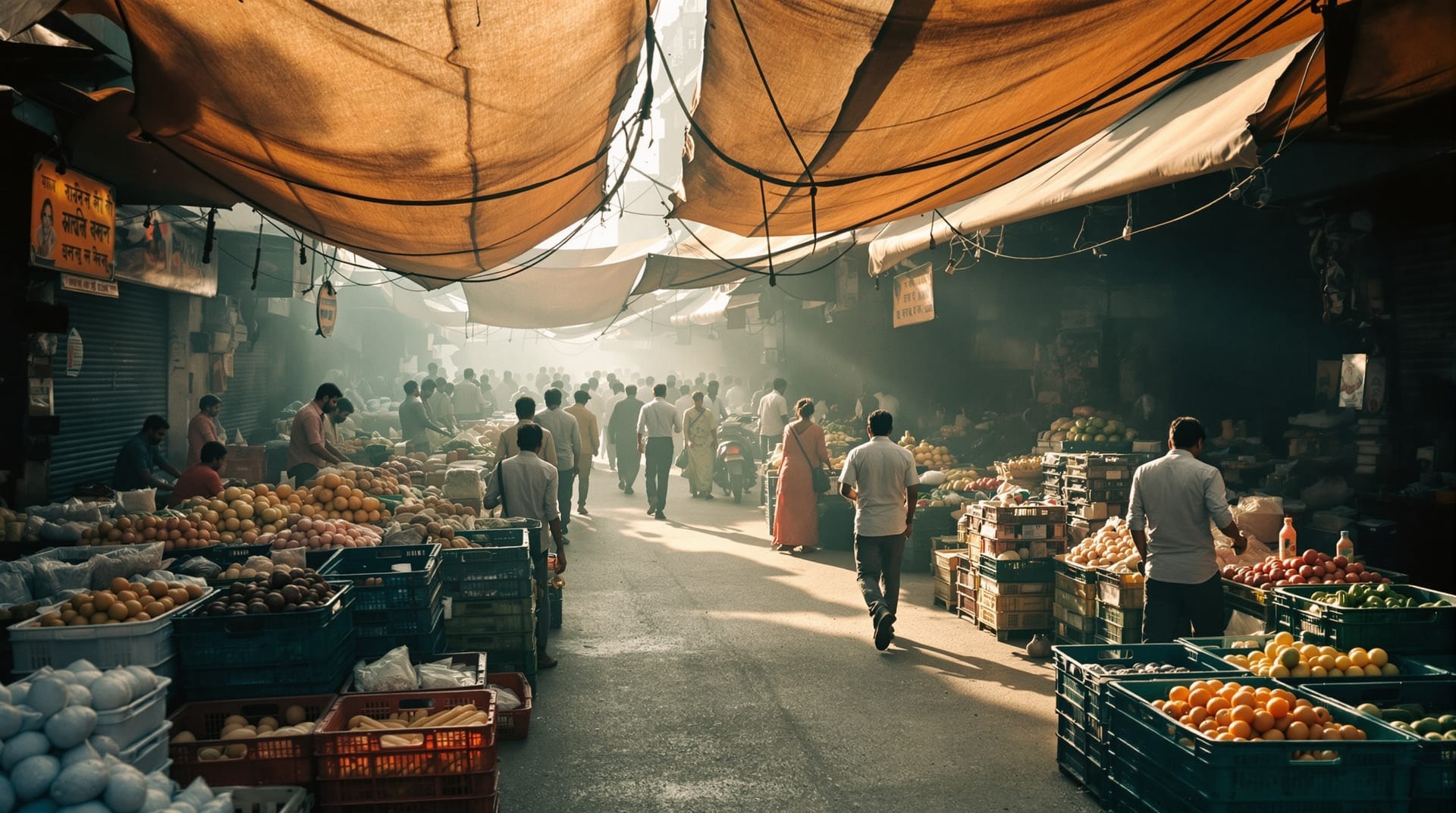 Street market awnings and produce crates in soft early morning light