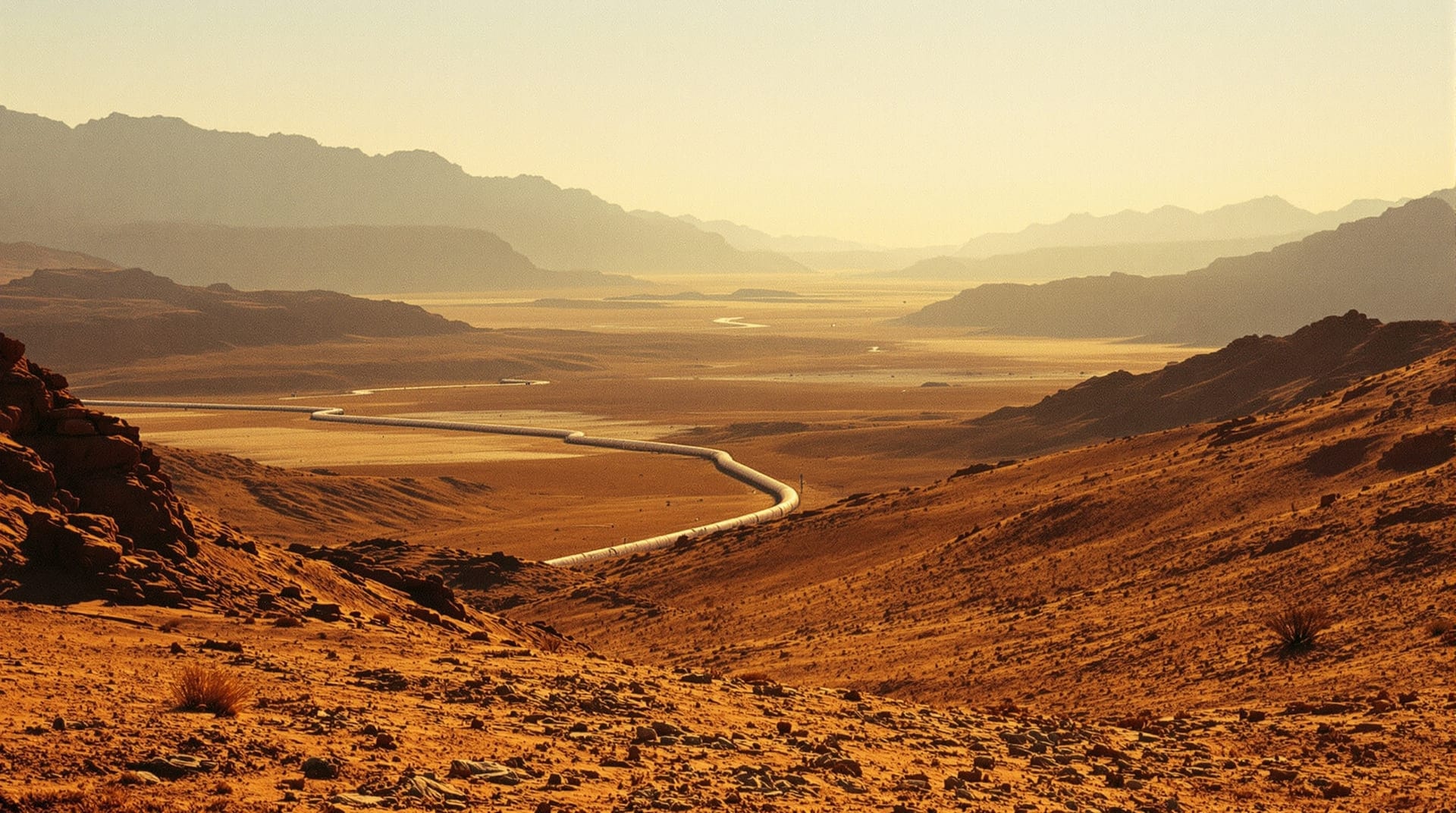 Arid mountain valley with a distant pipeline at golden hour