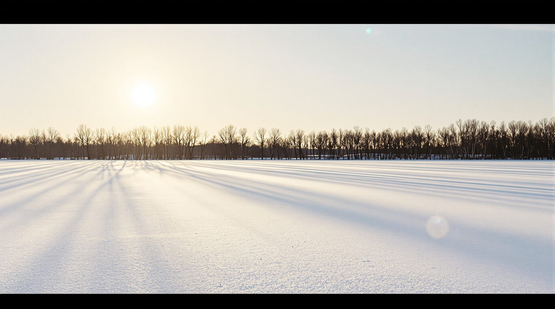 Frozen northern plain with bare birches under a low winter sun