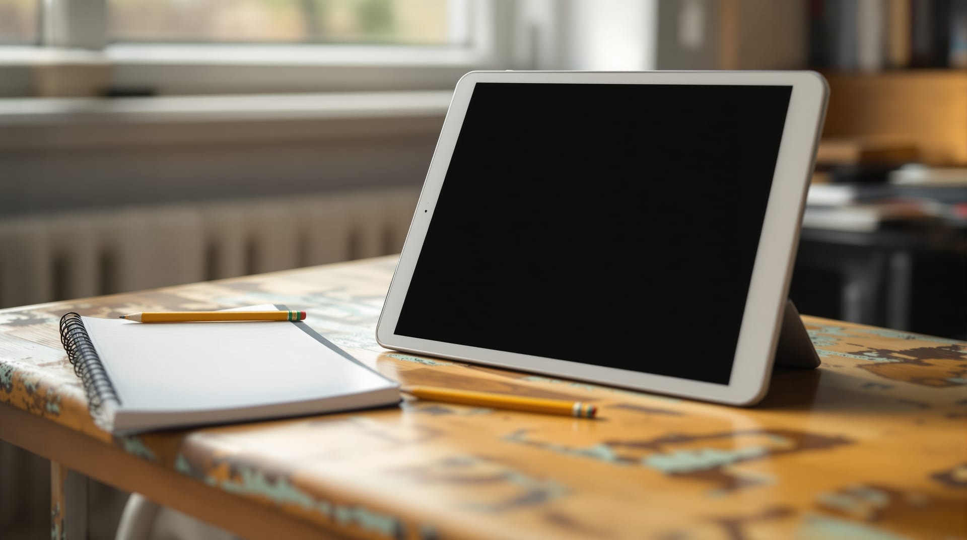 Plain unbranded touch-screen device on a wooden classroom desk beside a notebook