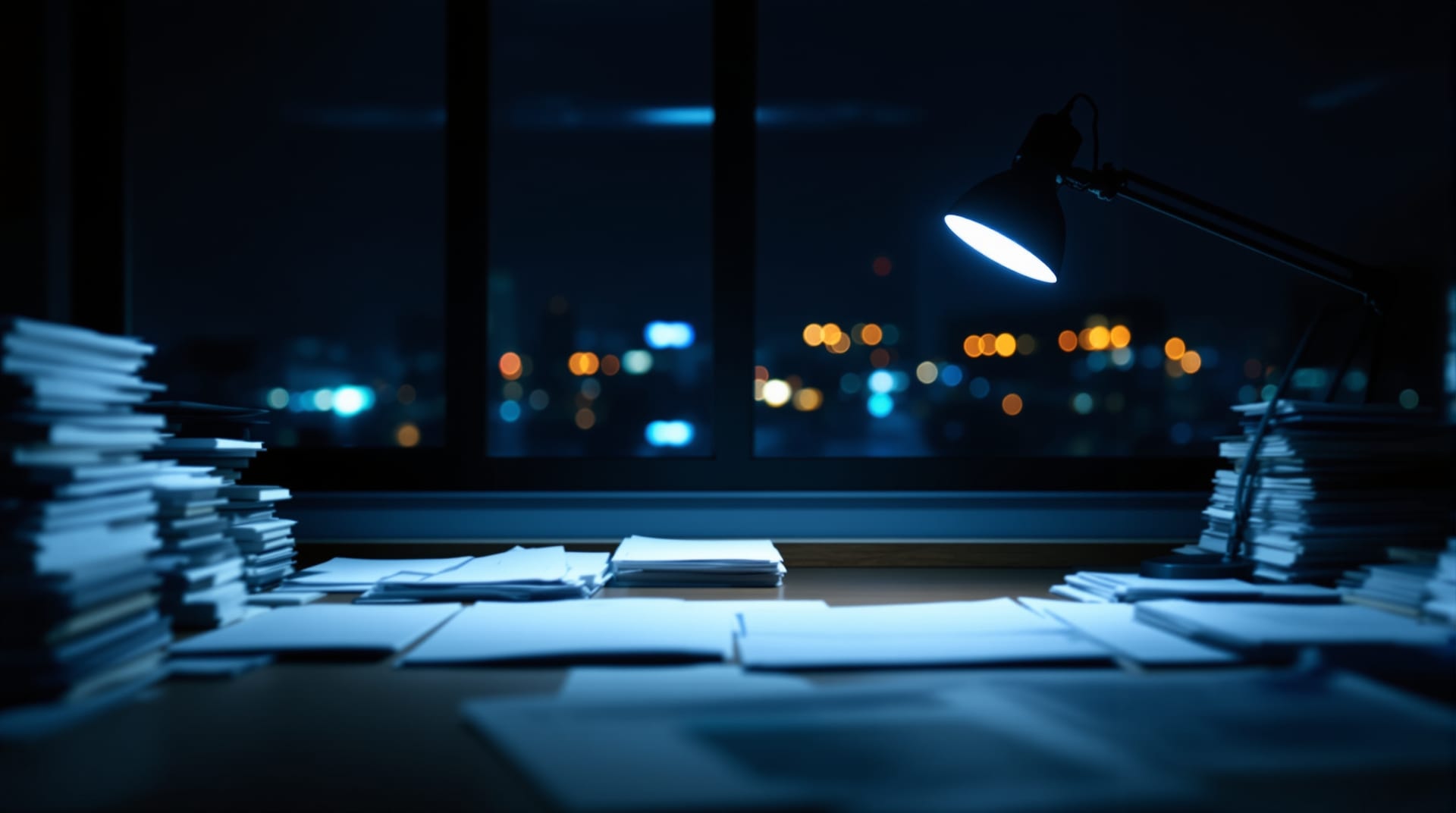 Quiet desk at night with city lights beyond the window