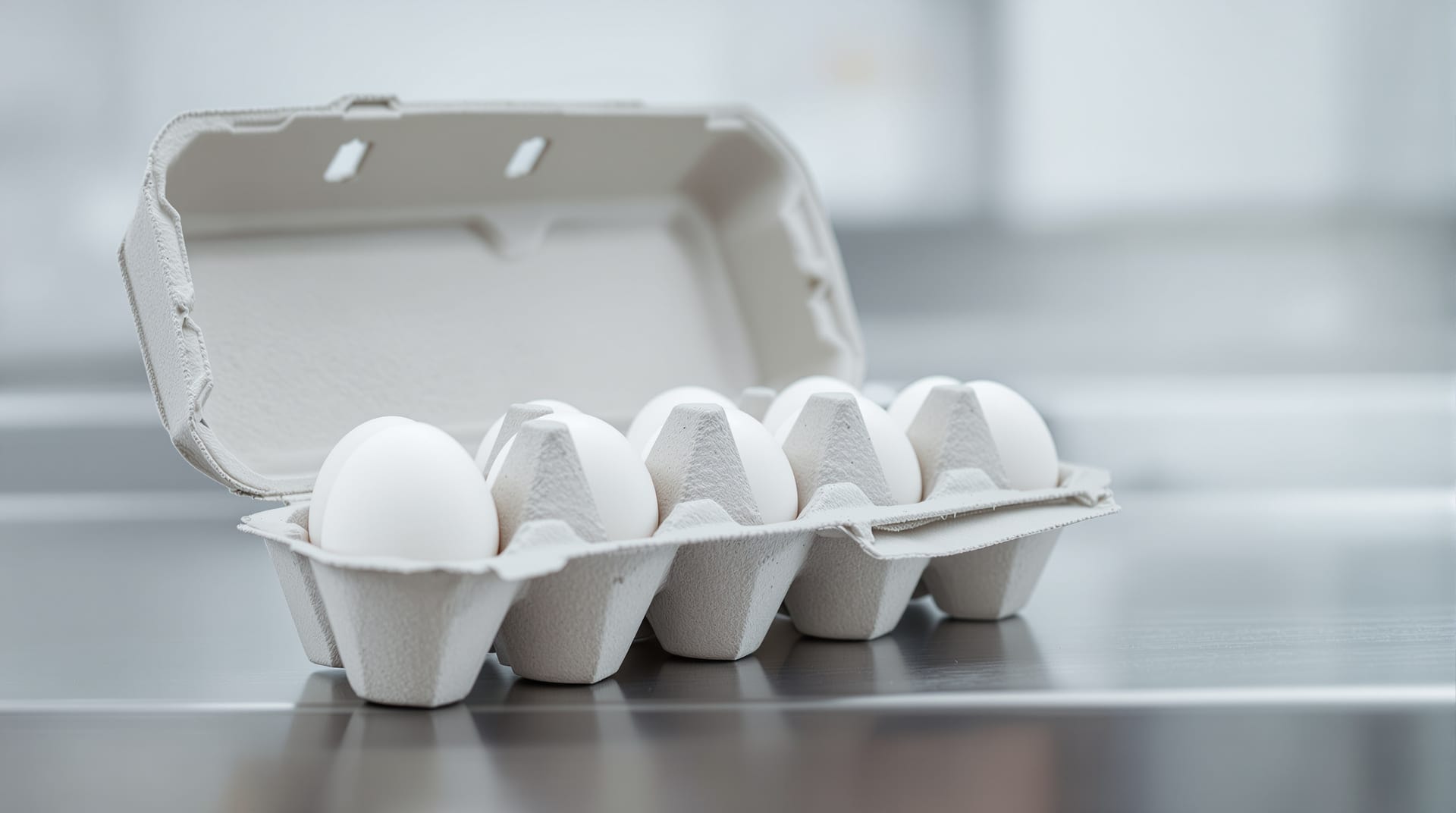 Open plain pulp egg carton with white eggs on a stainless steel surface