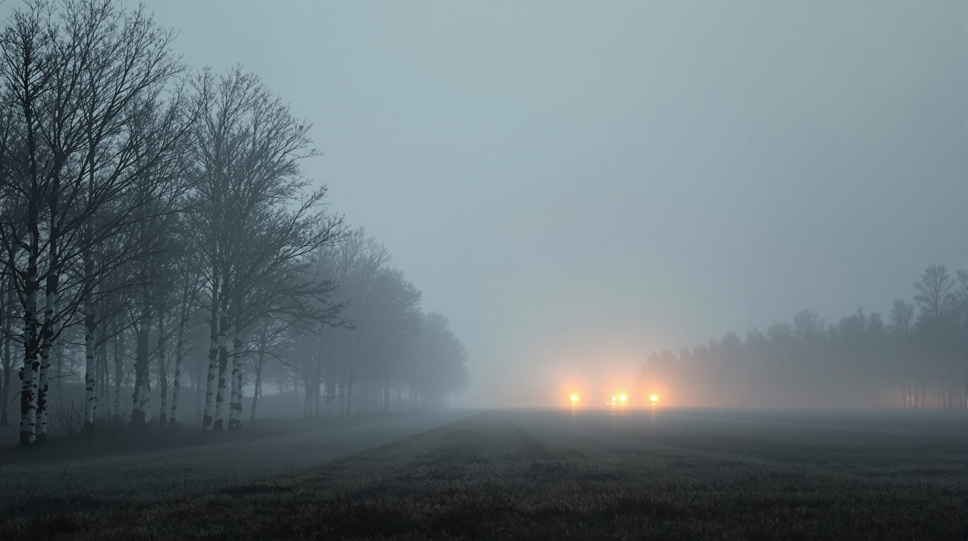 Rural airfield approach lights faintly visible through dense fog
