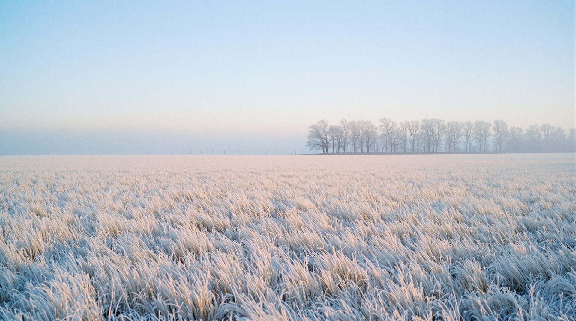 Frost-covered grassland plain with a distant line of bare trees at sunrise