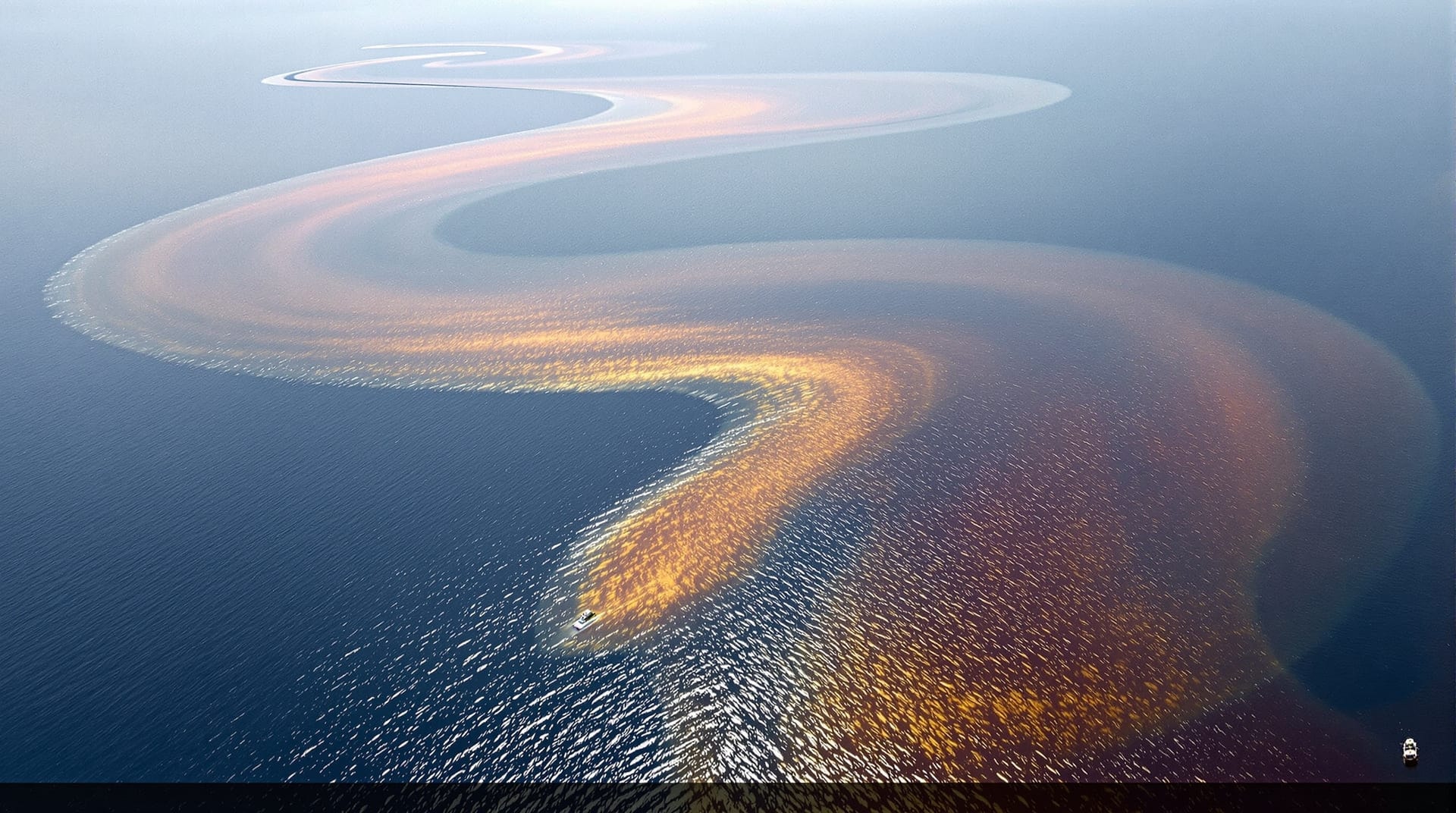Aerial view of oil sheen and containment boom on open water