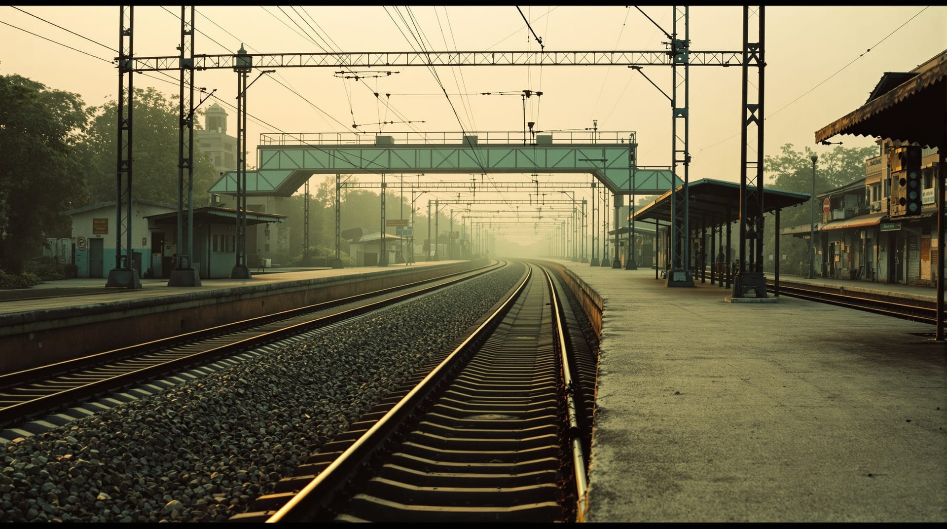 Deserted suburban railway platform and empty tracks at dawn