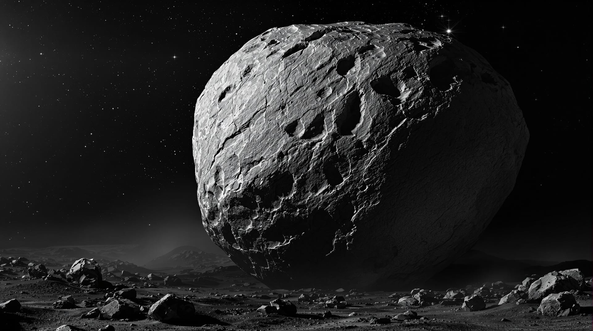 Close view of a large irregular cratered asteroid against a black star field