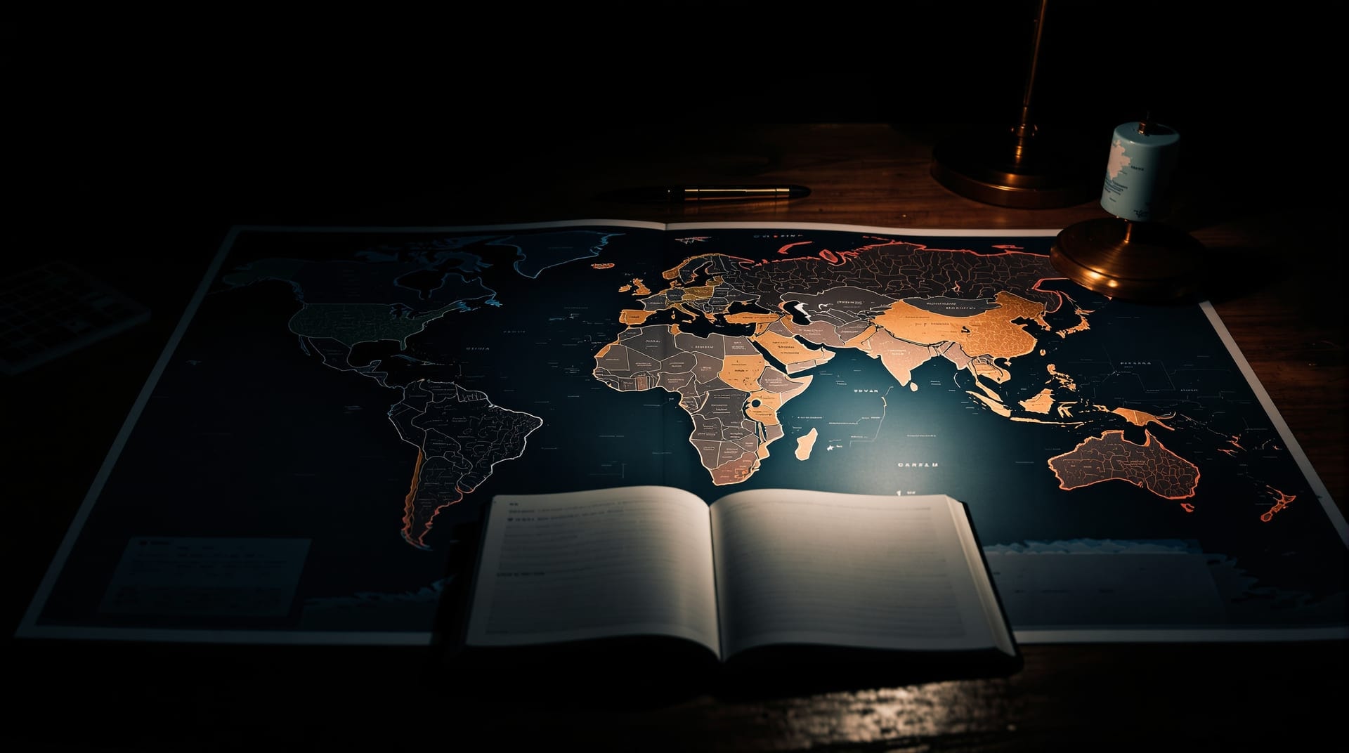 World map spread on a dark desk under a single warm lamp