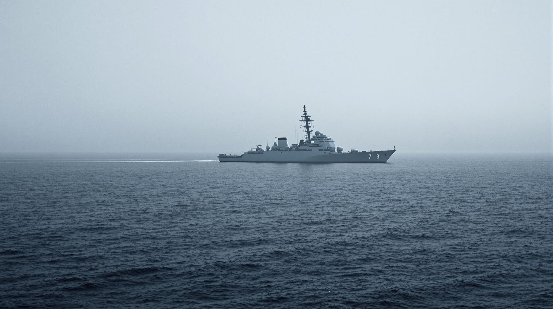 Grey naval vessel small on a calm sea horizon at first light