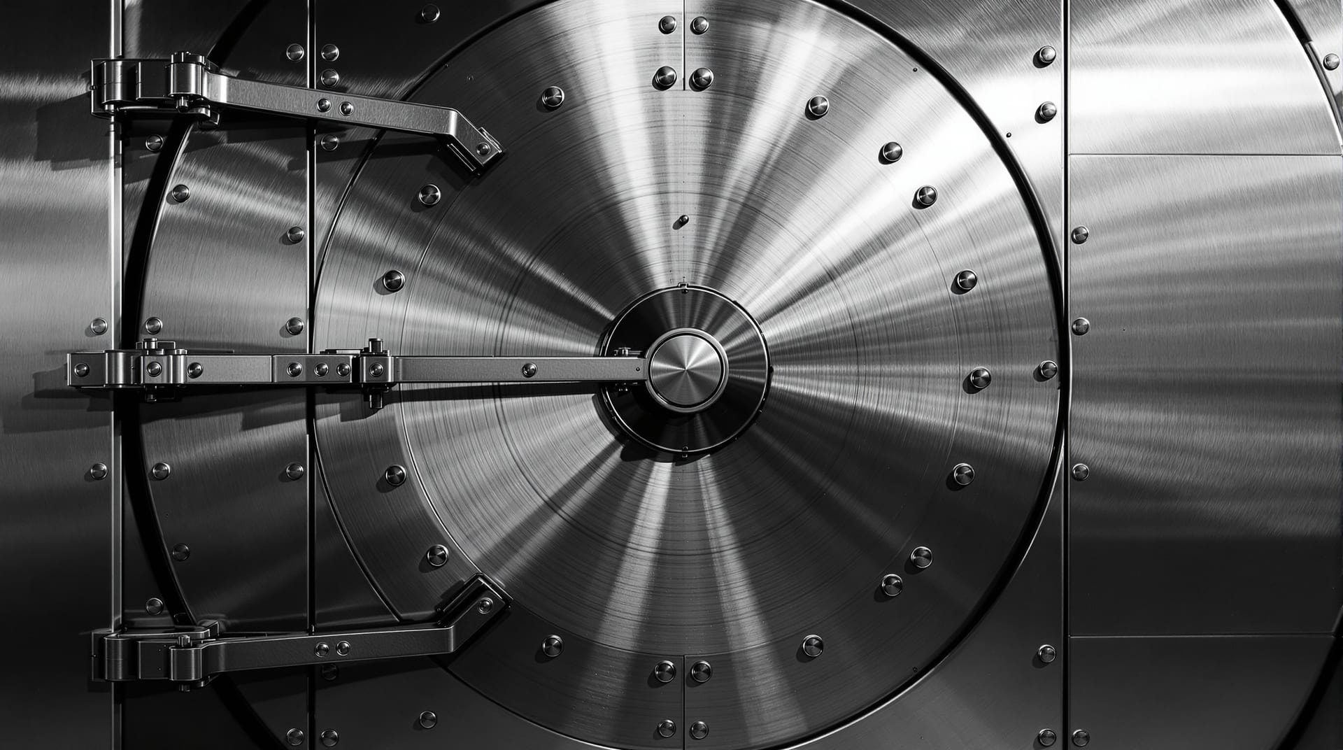 Heavy steel vault door under cold overhead light