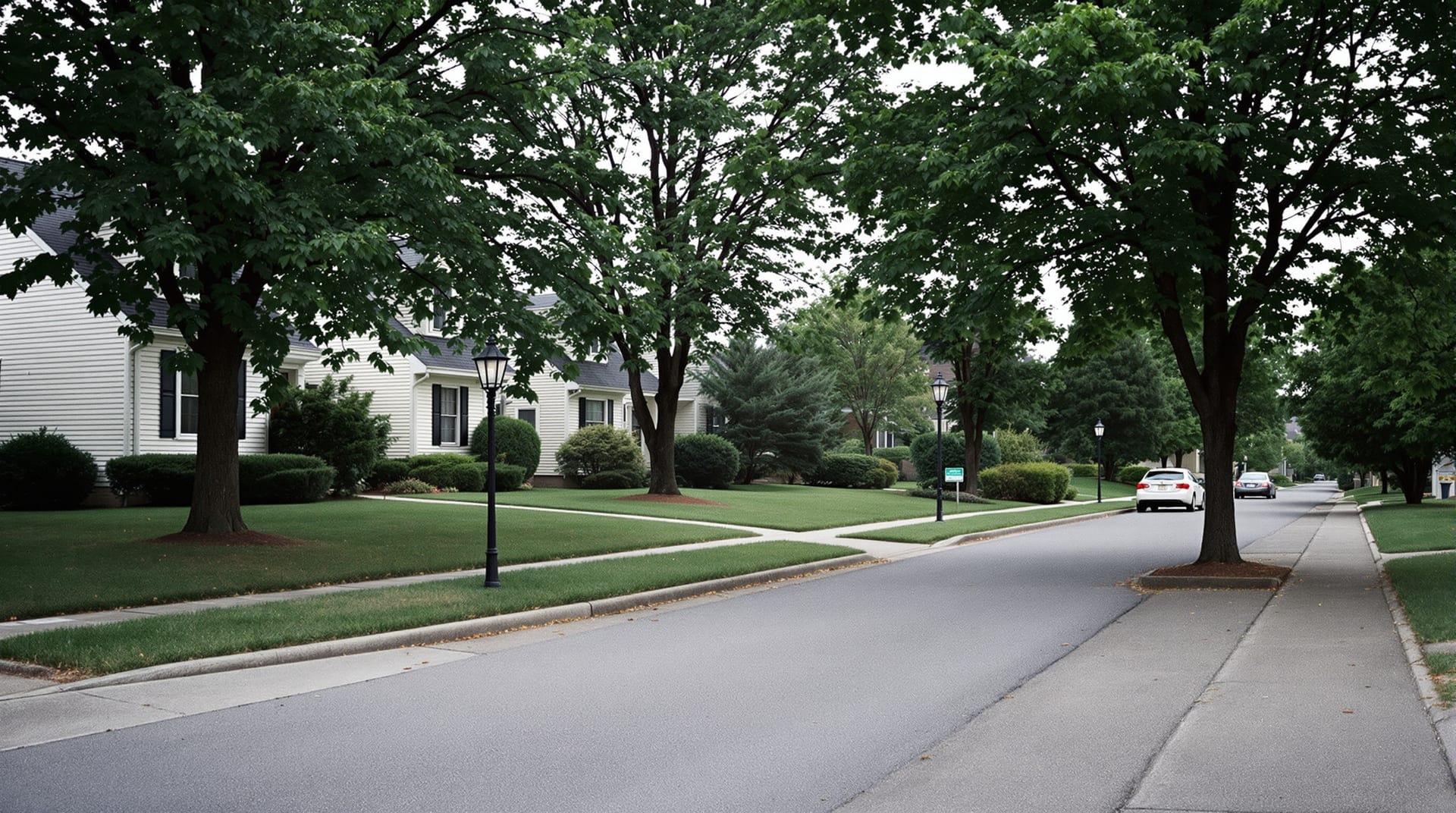Quiet suburban residential street with modest houses and mown lawns