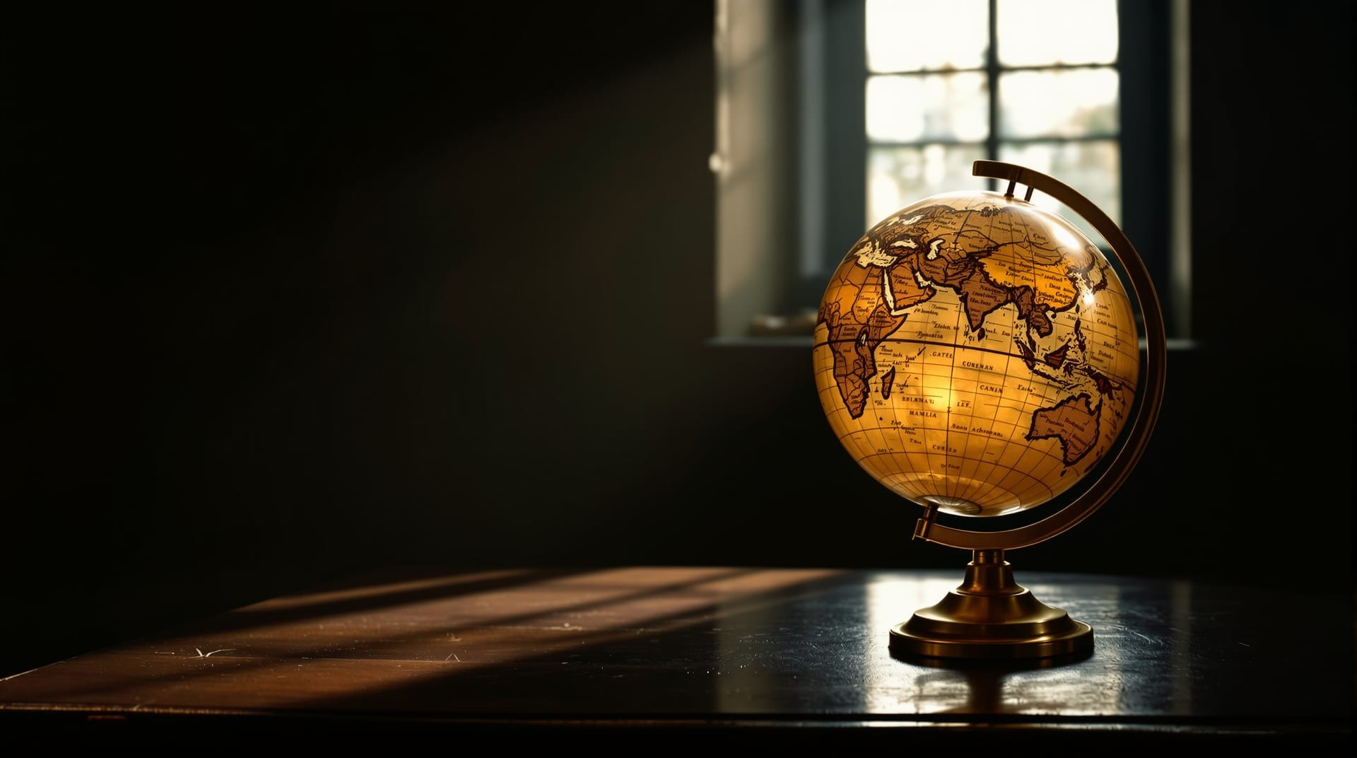 Antique globe on a dark library table in low window light